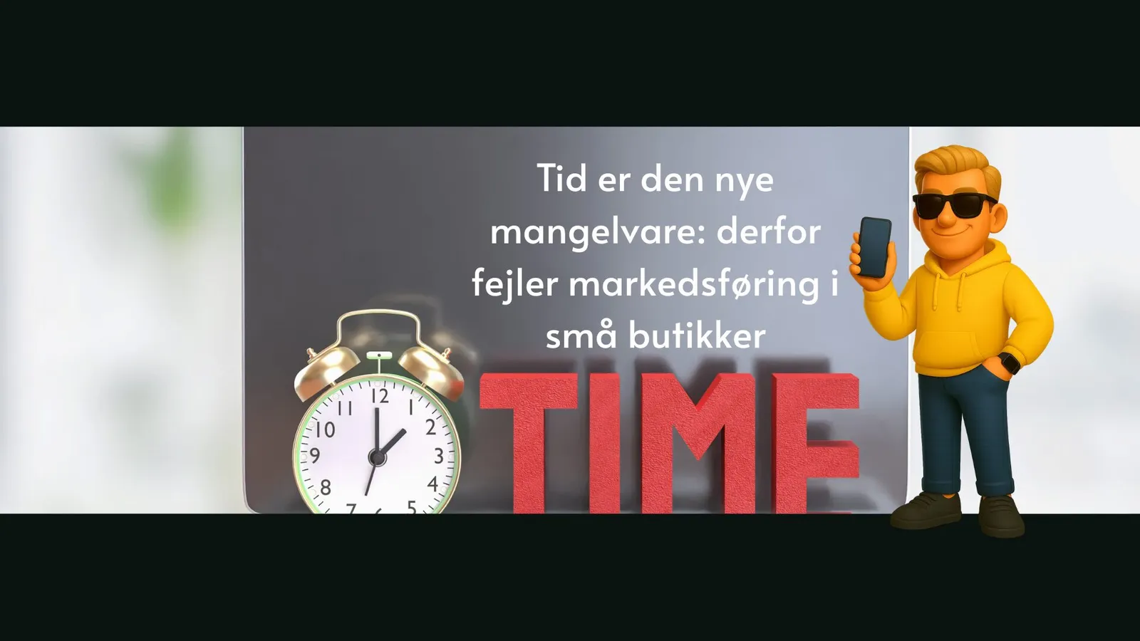 Maiz står foran et vækkeurd og teksten TIME