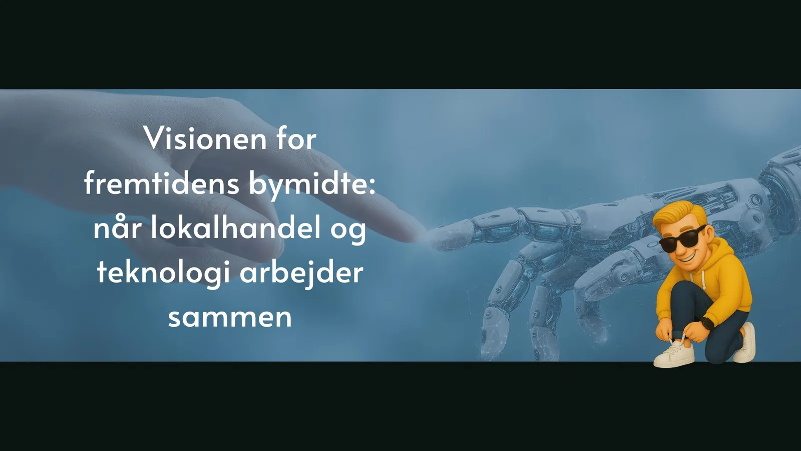 Maiz står foran en menneskehånd og en robothånd Visionen for fremtidens bymidte: når lokalhandel og teknologi arbejder sammen